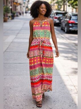 Collective Concept SZ XS red/yellow multicolored hi/low maxi dress. Bust 35”